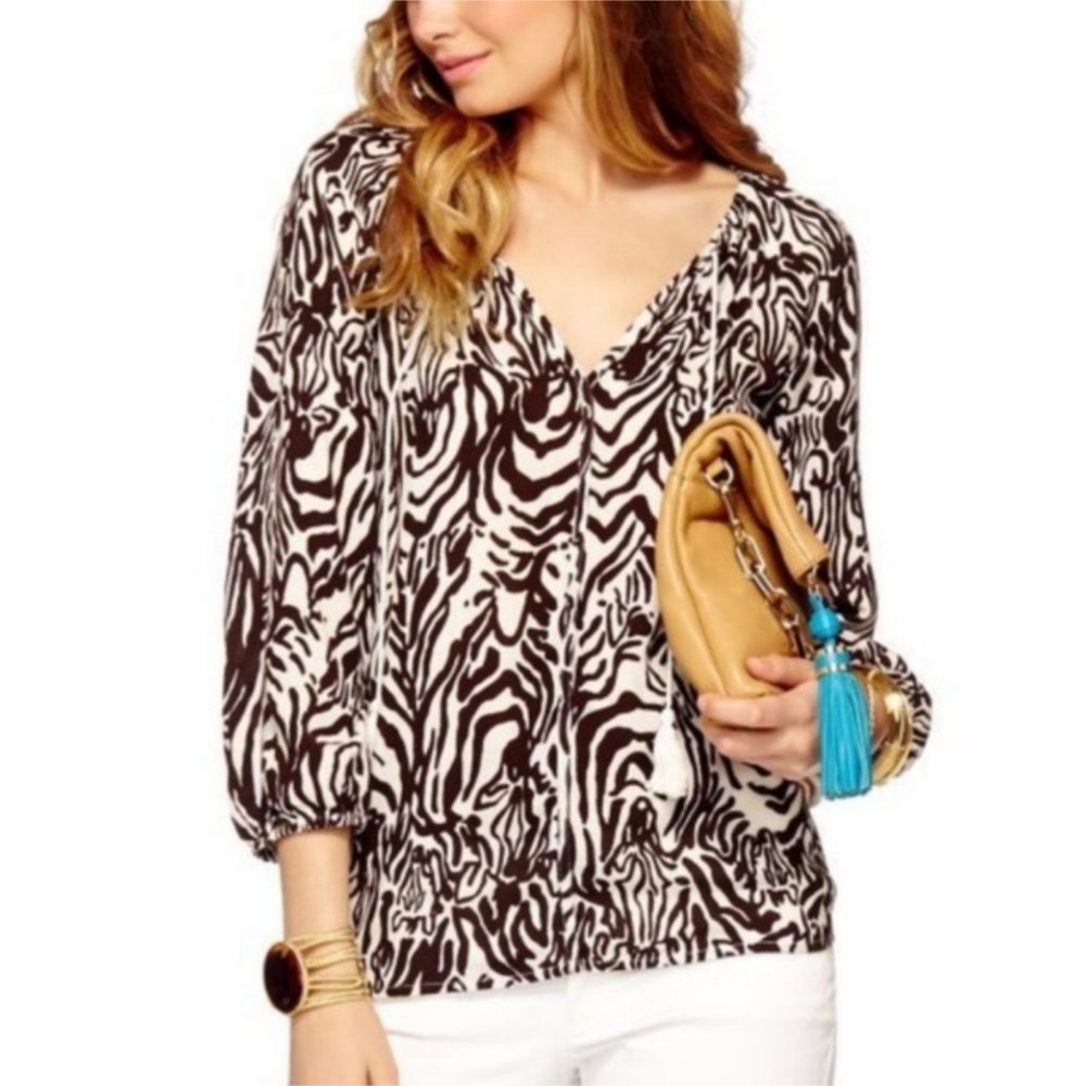 Lilly Pulitzer Etta Brown & Ivory Animal Print Top